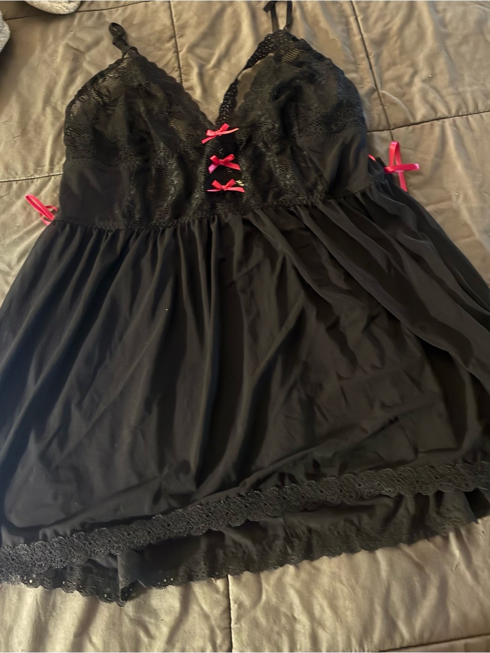 Adore Me Black Lace & Mesh Babydoll Chemise with Hot Pink Bows